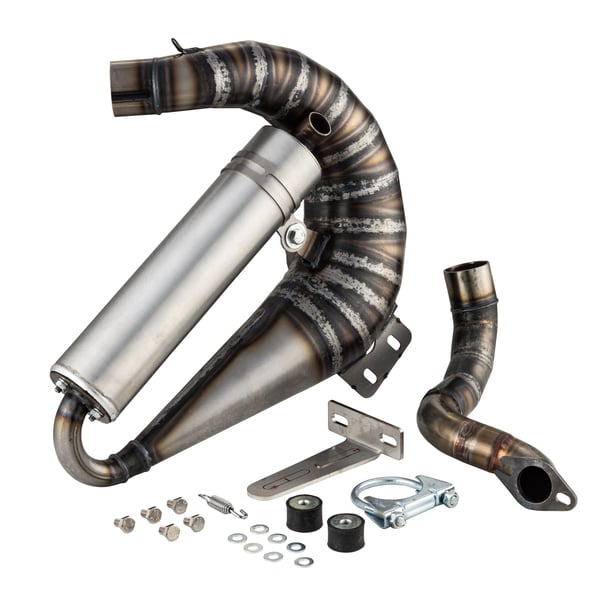 Rennauspuff EGIG Performance UNISEX CURLY- Stahl unlackiert- D�mpfer: Aluminium Farbe (ESD): silber f�r Vespa 90-R-SS-100-125-PV-ET3-PK80-125-XL-XL2